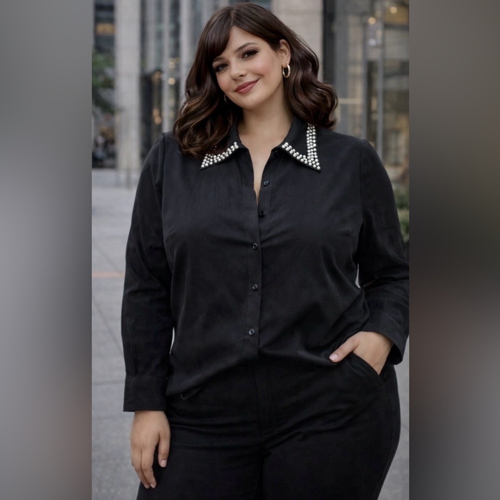 *SHEIN Curve - Black blouse with faux pearl detailing